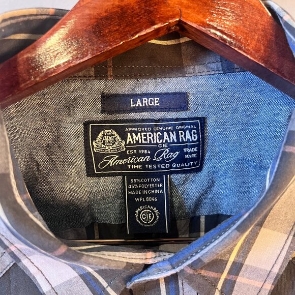 American Rag Mens Large Gray Blue Plaid Snap Button Short Sleeve Shirt - Picture 2 of 7